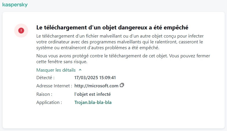 Notification de Kaspersky concernant la prévention du chargement d'un objet malveillant dans la fenêtre du navigateur.