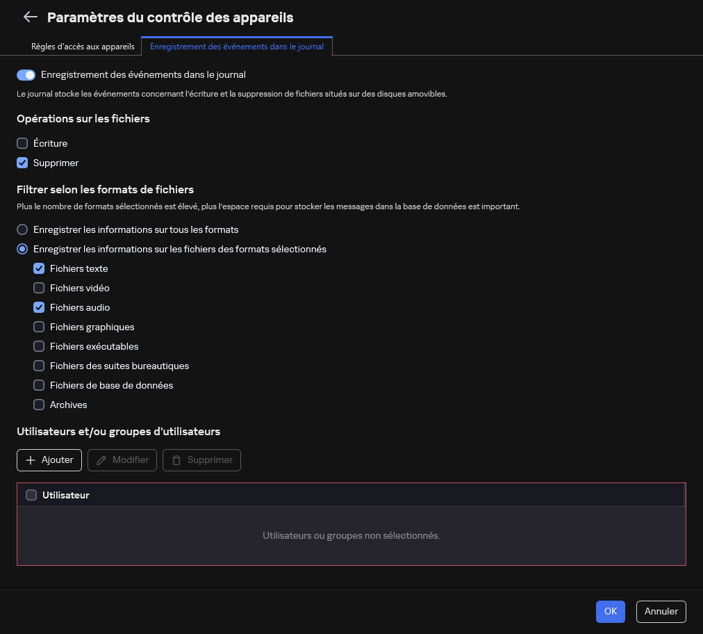 La fenêtre de configuration de la journalisation des événements concernant l'utilisation des disques amovibles. L'utilisateur peut sélectionner les événements à consigner.