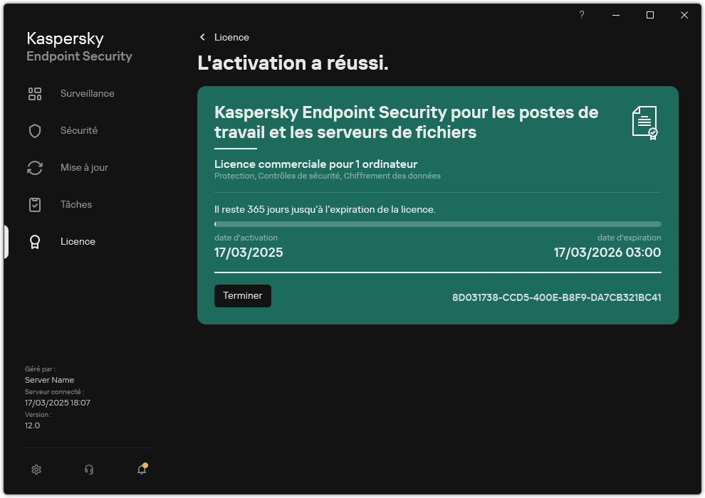 La fenêtre contient des informations sur la licence : date d'expiration, fonctions disponibles et autres informations.