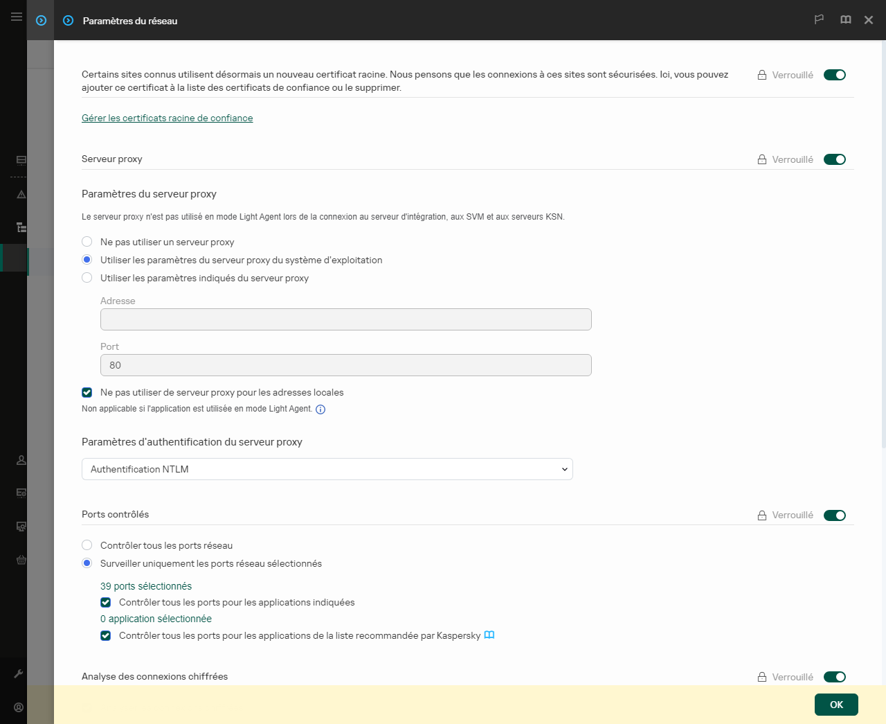 Fenêtre des paramètres réseau des applications. L'utilisateur peut configurer les paramètres du serveur proxy.
