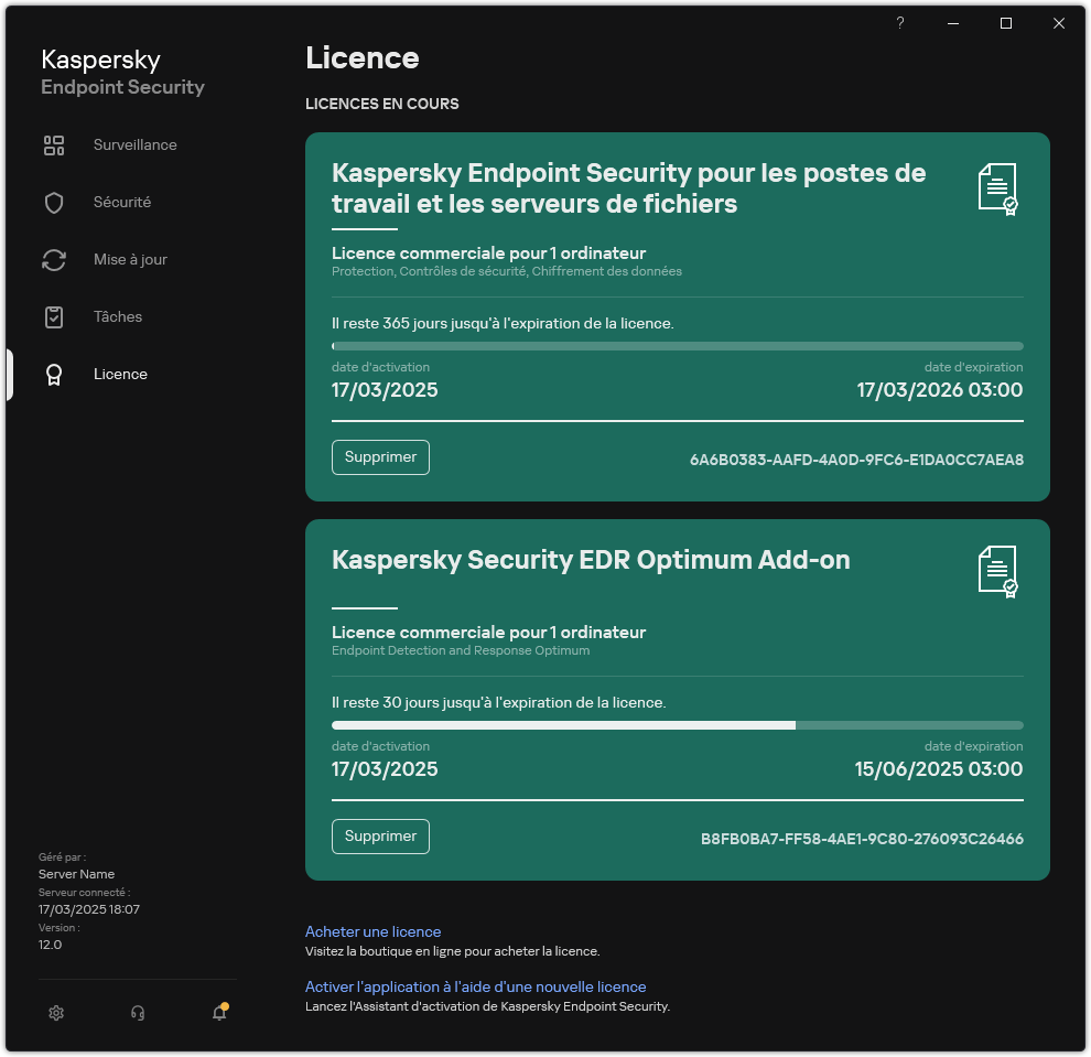 Fenêtre avec les licences actuelles.
