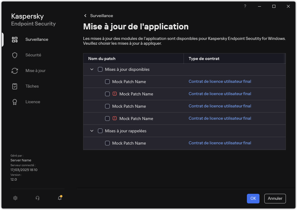 Fenêtre avec la liste des correctifs disponibles. L'utilisateur peut sélectionner les correctifs et accepter les conditions générales des accords.