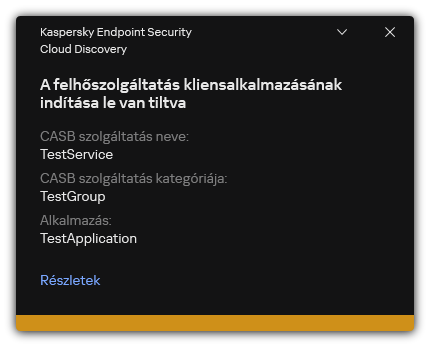 Felhőszolgáltatás blokkolásáról szóló értesítés. A felhasználó részletes információkat tekinthet meg a szabályról.
