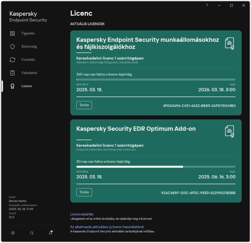 Ablak a jelenlegi licencekkel.