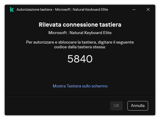 La finestra con il codice di autorizzazione della tastiera. L'utente può attivare la tastiera su schermo e immettere il codice.