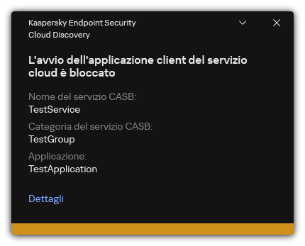 Notifica di blocco dei servizi cloud. L'utente può visualizzare informazioni dettagliate sulla regola.