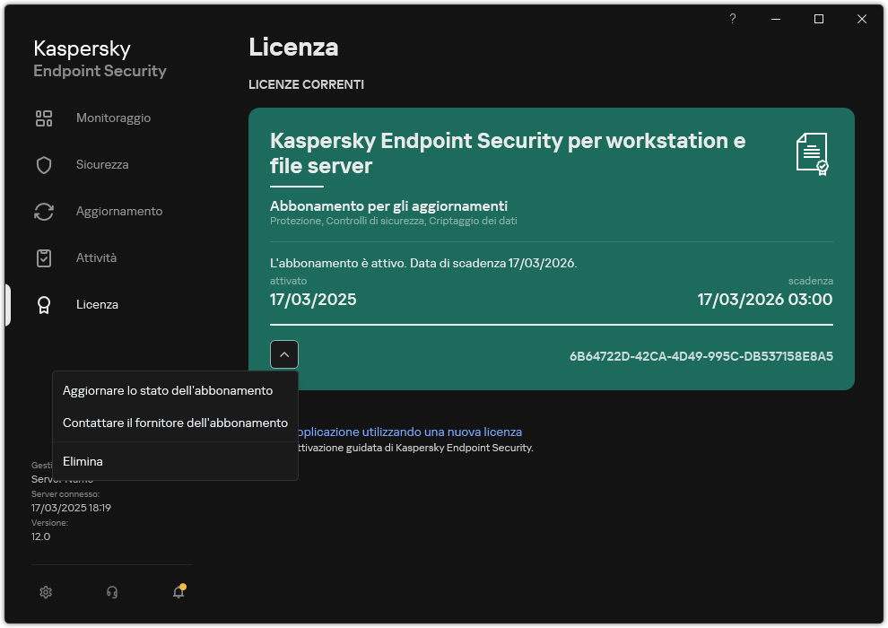 La finestra con le informazioni sulla licenza. L'utente può aggiornare lo stato dell'abbonamento, contattare il fornitore dell'abbonamento o rimuovere la licenza.