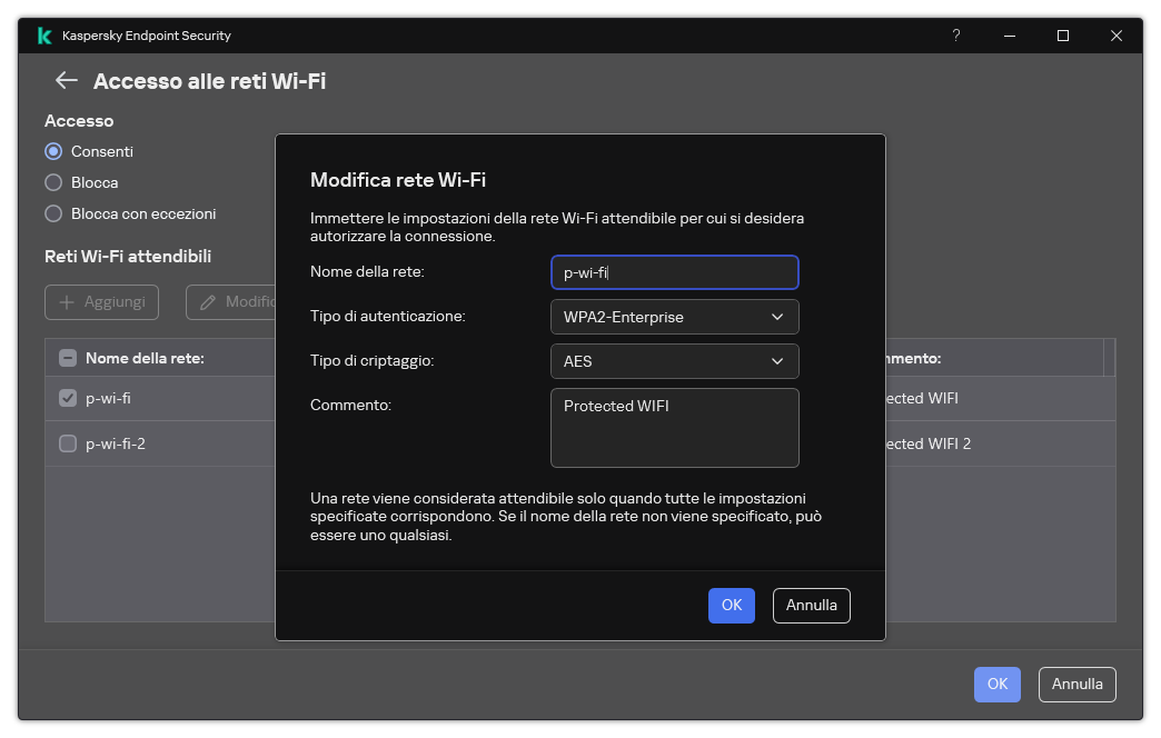 La finestra contiene le impostazioni della rete Wi-Fi attendibile.