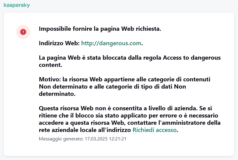 Notifica di Kaspersky relativa al blocco dell'accesso alla pagina Web nella finestra del browser. L'utente può creare una richiesta per accedere alla risorsa Web.