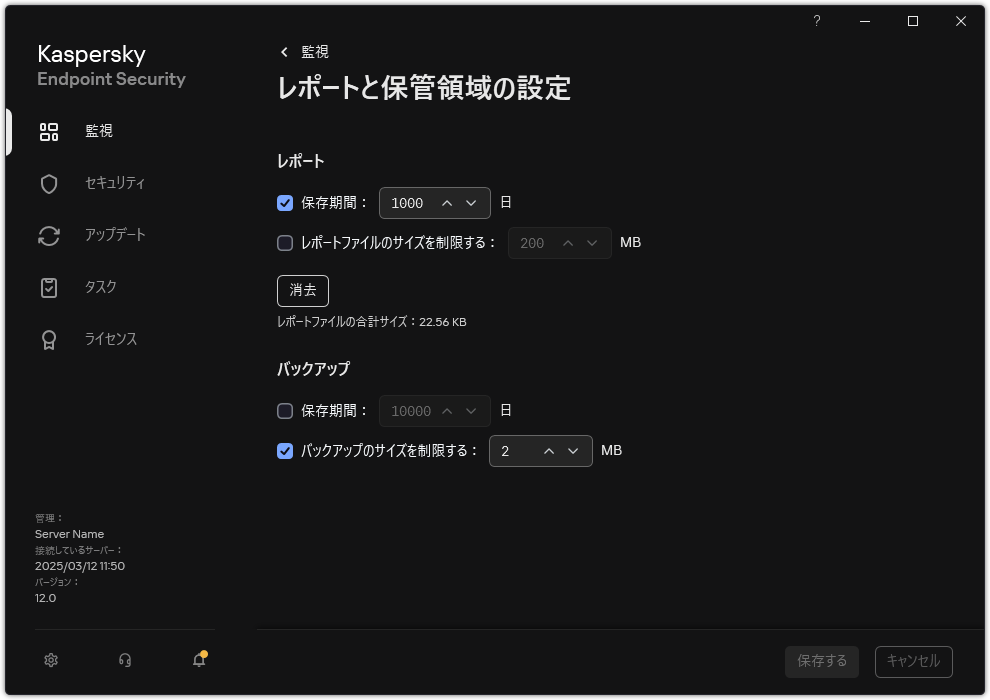 レポートと保管領域の設定のウィンドウ。ユーザーはリポジトリ内のレポートとオブジェクトのサイズ、制限、保管期間を設定できます。