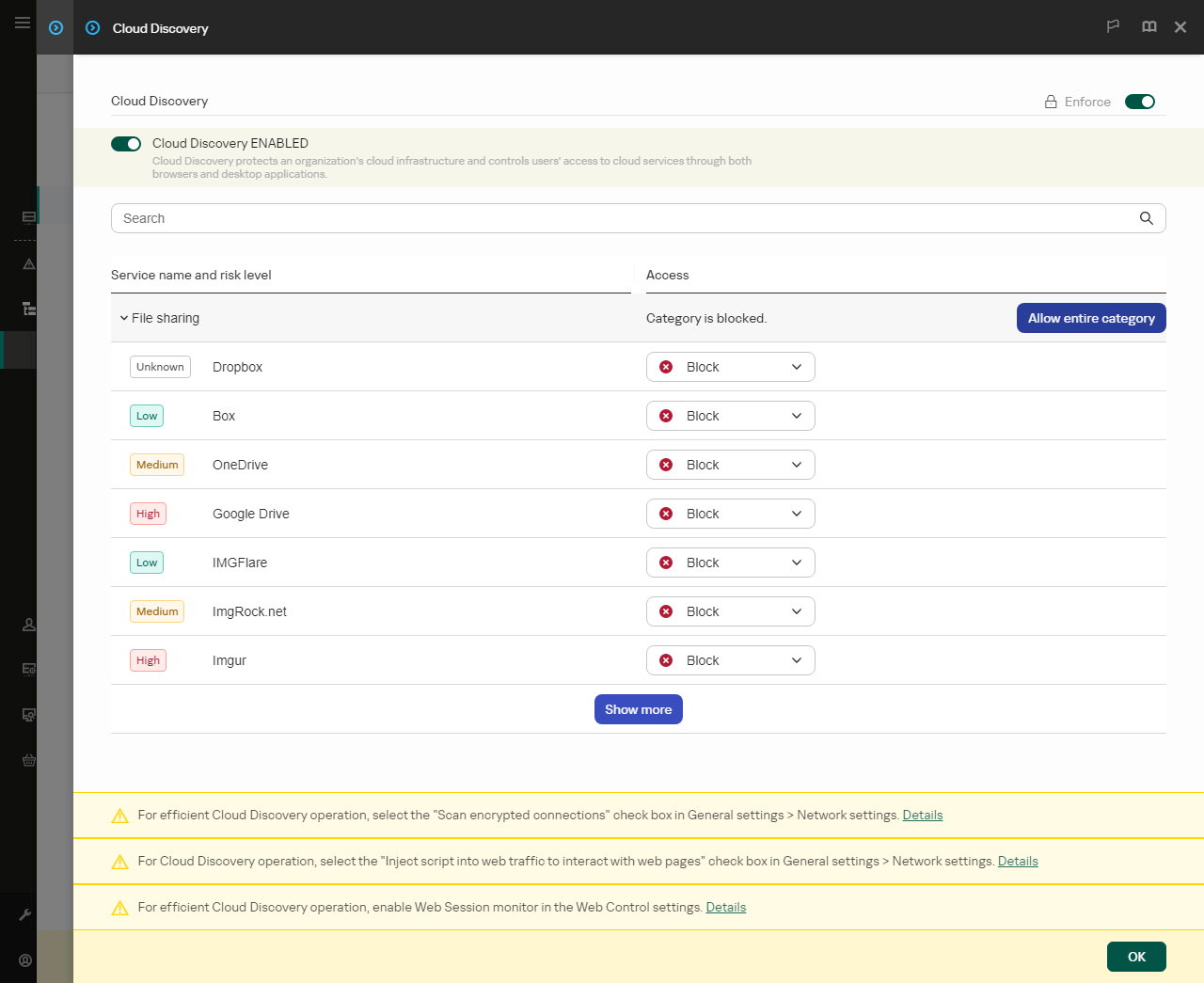 Cloud Discovery instellingen venster. De gebruiker kan gebruikerstoegang tot cloudservices configureren.