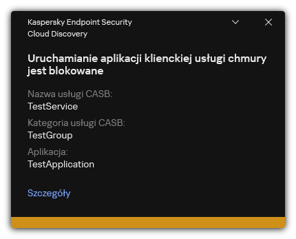 Powiadomienie o&nbsp;zablokowaniu usługi w chmurze. Użytkownik może przeglądać szczegółowe informacje o regule.