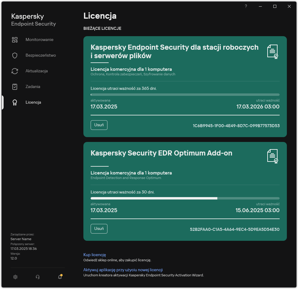Okno z&nbsp;aktualnymi licencjami.