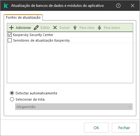 Uma janela com a lista de fontes de atualização. O usuário pode adicionar fontes de atualização e atribuir uma prioridade à fonte.