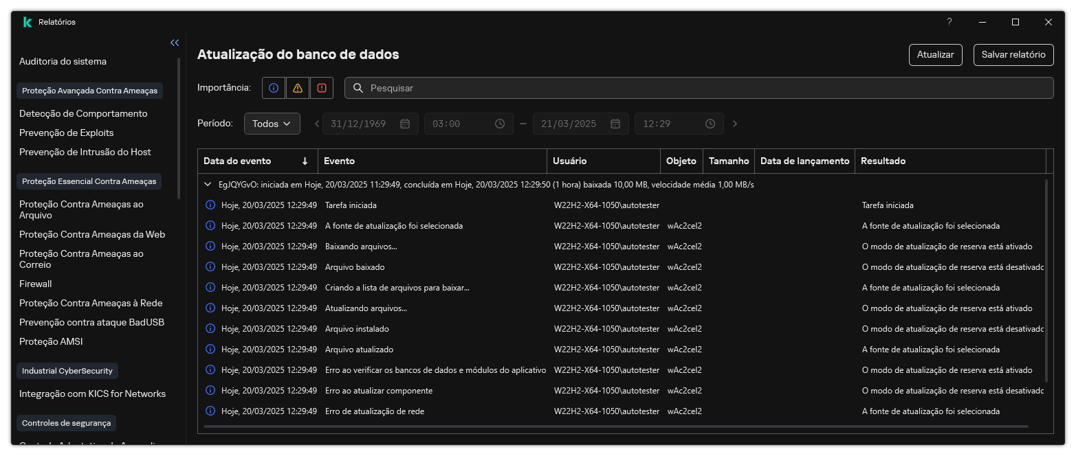 Uma janela com a lista de eventos no relatório. O usuário pode filtrar/classificar os eventos e salvar os relatórios em um arquivo.