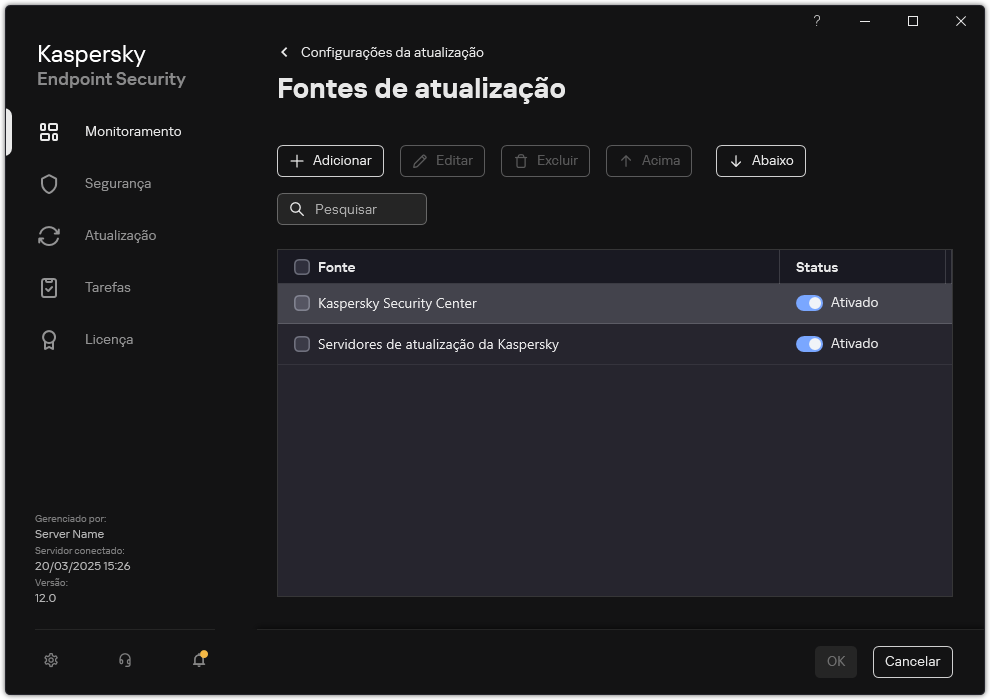 Uma janela com a lista de fontes de atualização. O usuário pode adicionar fontes de atualização e atribuir uma prioridade à fonte.