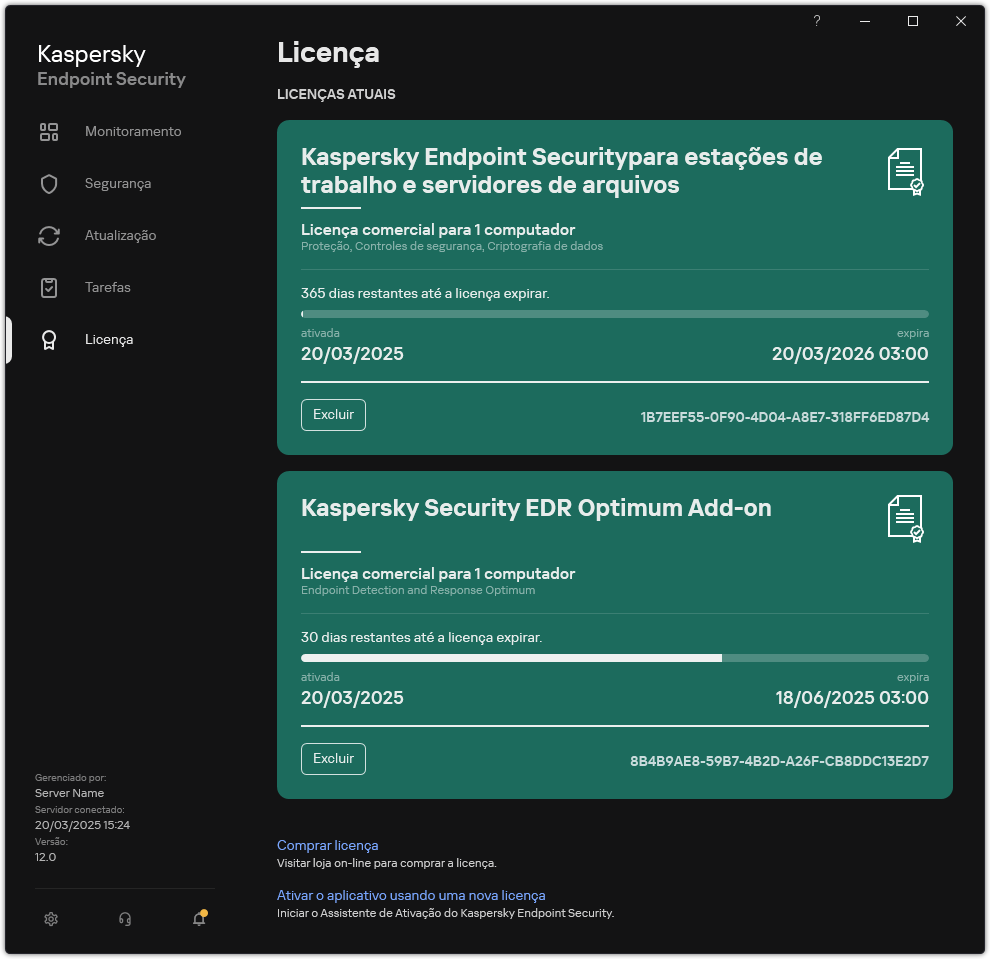 Janela com licenças atuais.