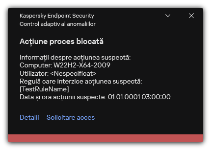 Notificare despre declanșarea unei reguli. Utilizatorul poate crea o solicitare pentru a permite o acțiune de proces.