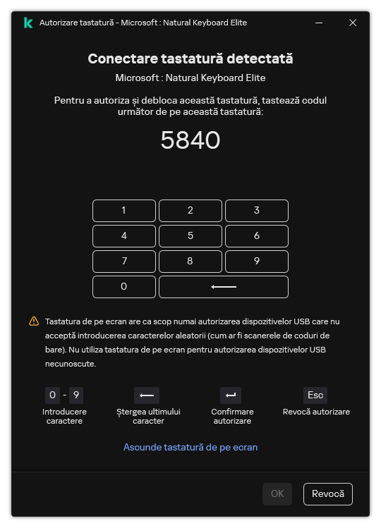 Fereastra ce conține codul de autorizare a tastaturii și tastatura pe ecran. Utilizatorul poate introduce codul.