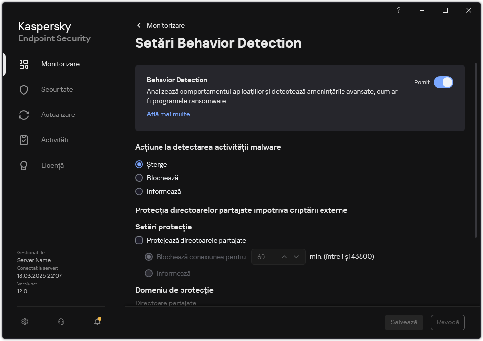 Fereastra de setări Behavior Detection.
