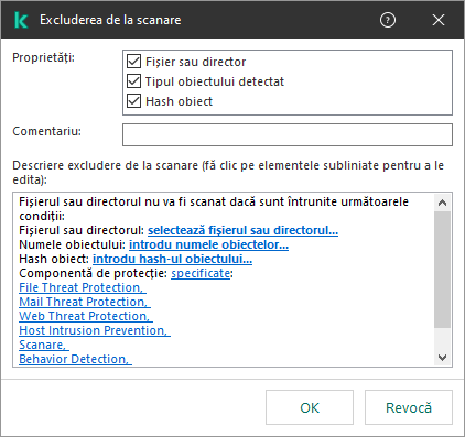 O fereastră cu instrumente de selectare a excluderii. Utilizatorul poate selecta fișierul sau directorul, introduce un nume sau un hash de obiect.