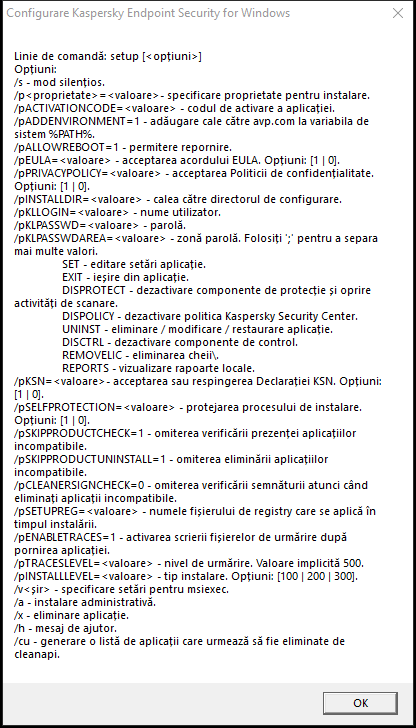 Fereastra Sfat ecran care descrie opțiunile de comandă pentru instalarea aplicației prin CMD.