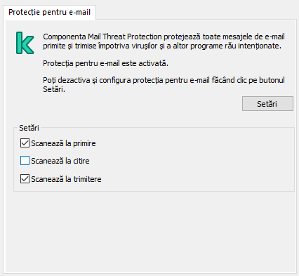Extensia Kaspersky pentru fereastra Outlook. Utilizatorul poate configura mesajele pentru a fi scanate atunci când sunt primite, citite sau trimise.