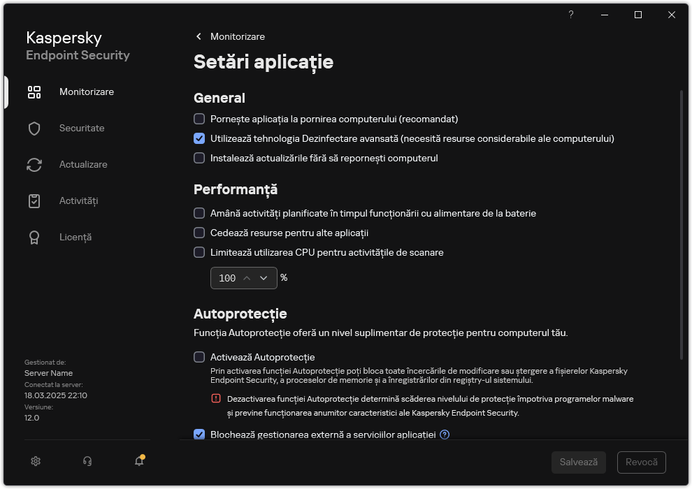 Fereastra cu setările aplicației. Utilizatorul poate configura performanța, autoprotecția și alte setări.