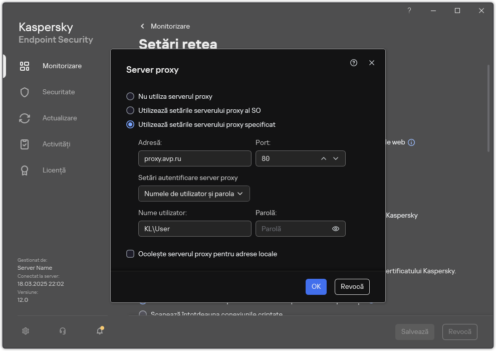 Fereastra pentru configurarea conexiunii serverului proxy. Utilizatorul poate seta adresa serverului proxy și acreditările pentru conectarea la serverul proxy.