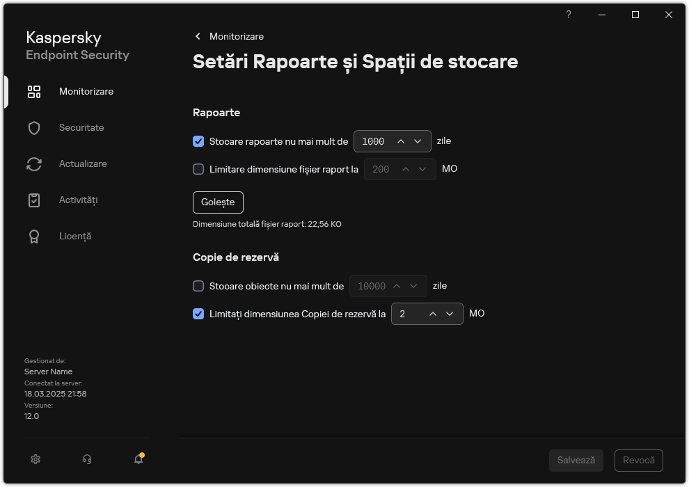 Fereastra pentru Setări Rapoarte și Spații de stocare. Utilizatorul poate seta dimensiunea și limita timpul de stocare a rapoartelor și obiectelor din depozit.