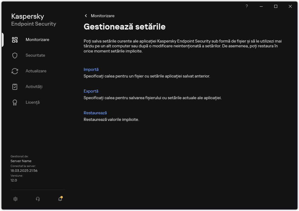 Fereastra cu setările excluderilor. Utilizatorul poate exporta, importa sau restaura setările aplicației.