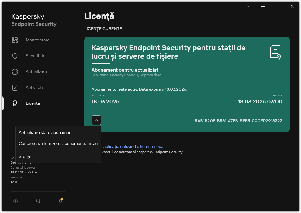 Fereastra cu informații despre licență. Utilizatorul poate actualiza starea abonamentului, poate contacta furnizorul abonamentului sau poate elimina licența.
