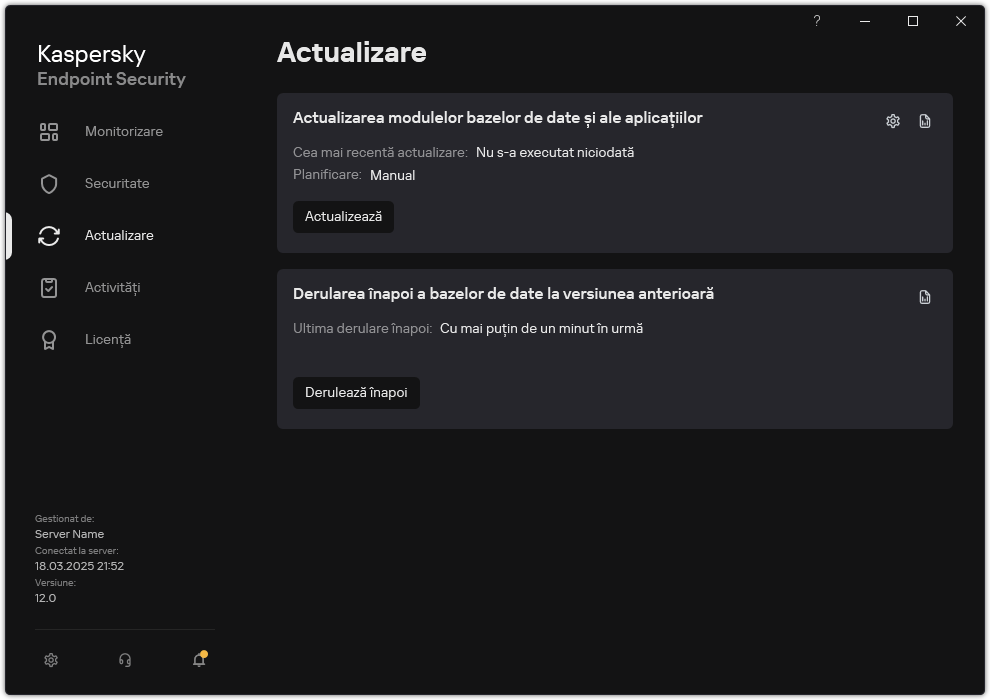 O fereastră cu lista activități de actualizare locale. Utilizatorul poate începe actualizarea modulelor bazelor de date și ale aplicațiilor, precum și derularea înapoi a ultimei actualizări.
