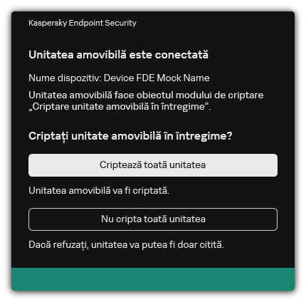 Notificare despre o unitate conectată cu criptarea fișierelor activată. Utilizatorul poate cripta fișierele sau poate refuza.