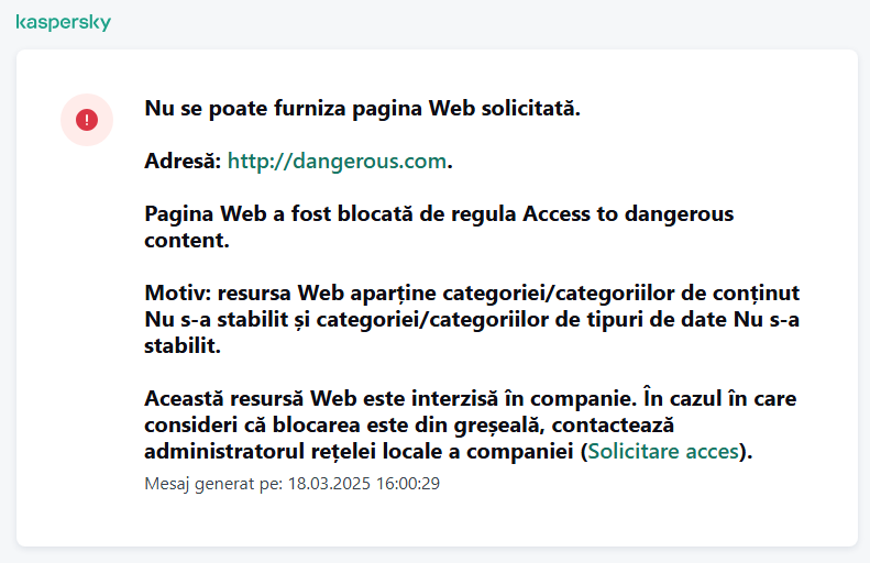 Notificare Kaspersky despre blocarea accesului la pagina web în fereastra browserului. Utilizatorul poate crea o solicitare de accesare a resursei web.