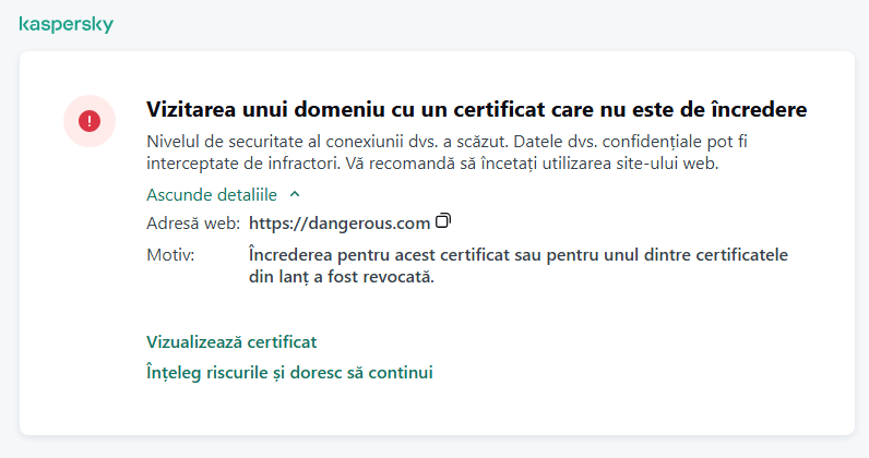 Notificare Kaspersky despre vizitarea unui domeniu cu un certificat care nu este de încredere în fereastra browserului. Utilizatorul poate continua lucrul.