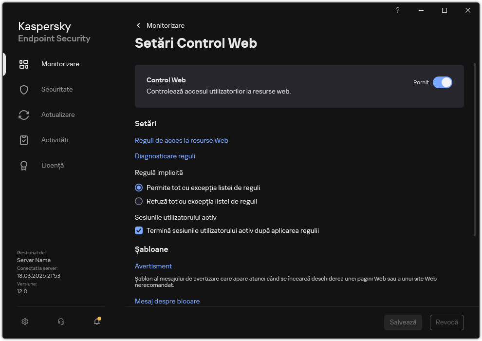 Fereastra de setări Control Web.