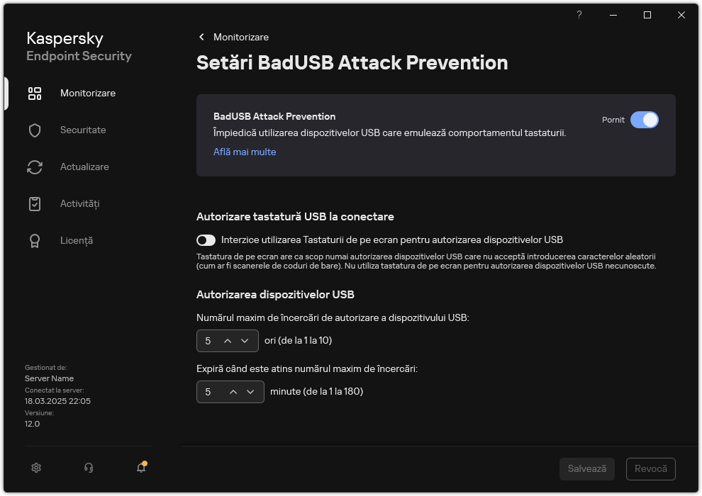 Fereastra de setări BadUSB Attack Prevention.