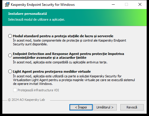 Fereastra programului de instalare cu configurarea aplicației: funcționalitate completă sau Endpoint Detection and Response Agent.