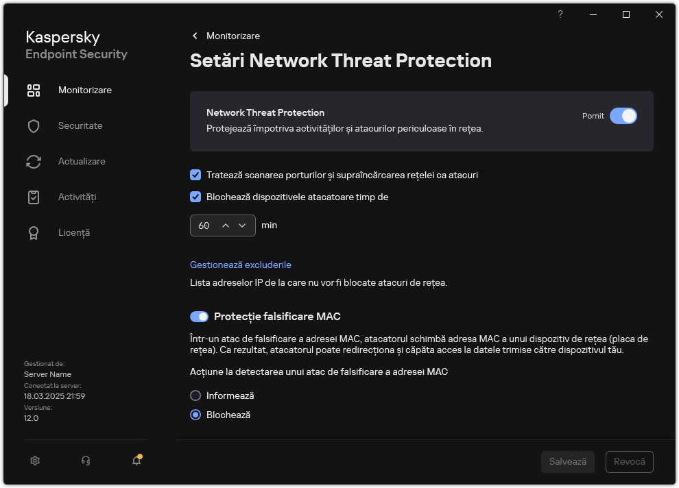 Fereastra de setări Network Threat Protection