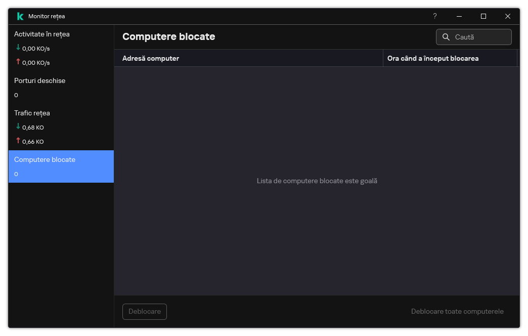 Fereastra Monitorizare rețea cu o listă de computere blocate. Puteți debloca computerele individuale sau toate computerele.