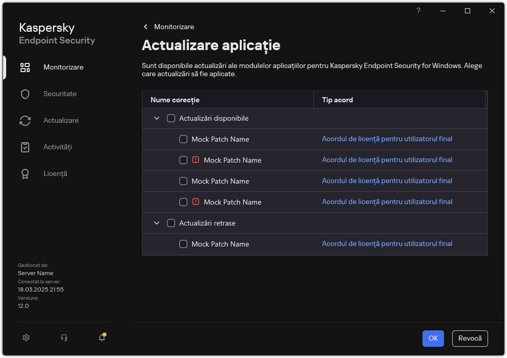 Fereastra cu o listă de corecții disponibile. Utilizatorul poate selectacorecțiile și poate accepta termenii și condițiile acordurilor.