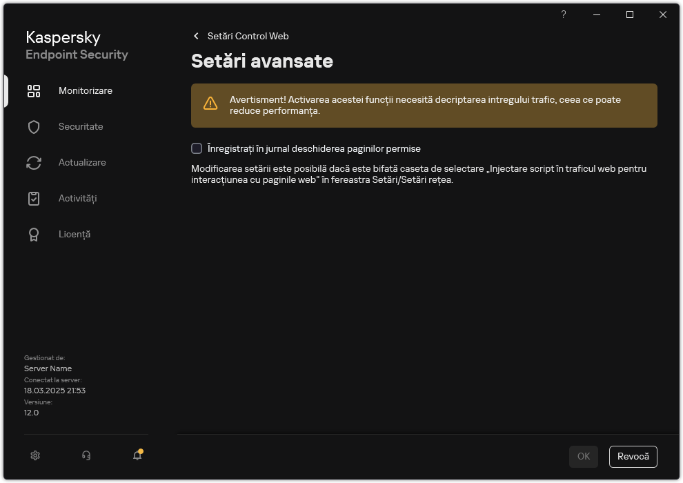 Fereastra de setări avansate Control Web.