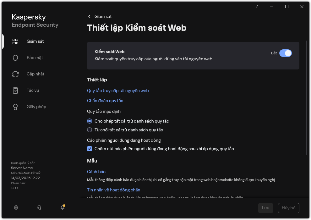Cửa sổ thiết lập Kiểm soát web.