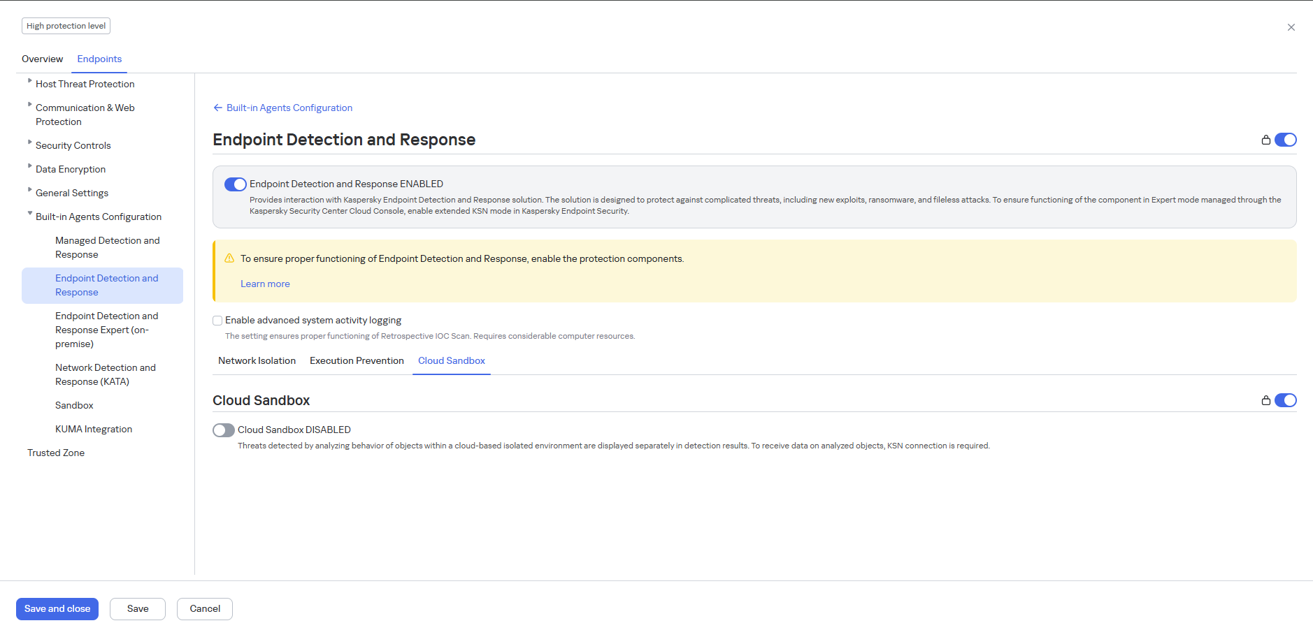Endpoint Detection and Response beleidssectie.