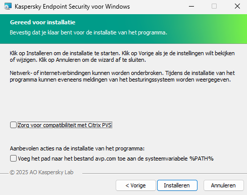 Venster met installatie-instellingen: installatiebeveiliging, compatibiliteit met Citrix PVS, systeemvariabele voor avp.com.