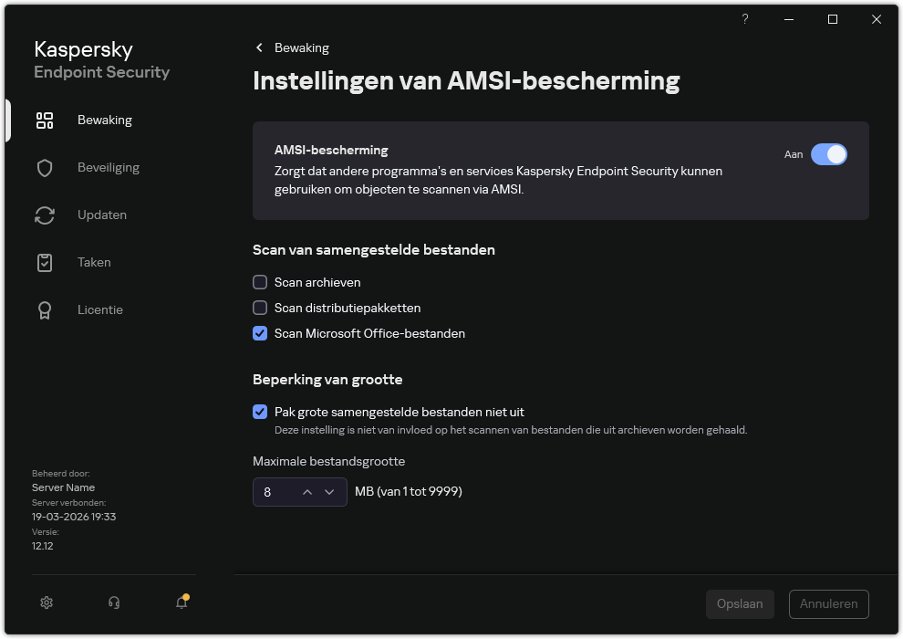 Venster voor instellingen van AMSI-bescherming