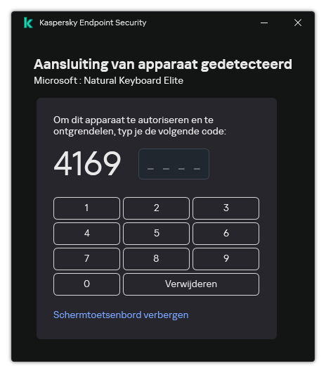 Het venster met de autorisatiecode voor het toetsenbord en Schermtoetsenbord. De gebruiker kan de code invoeren.