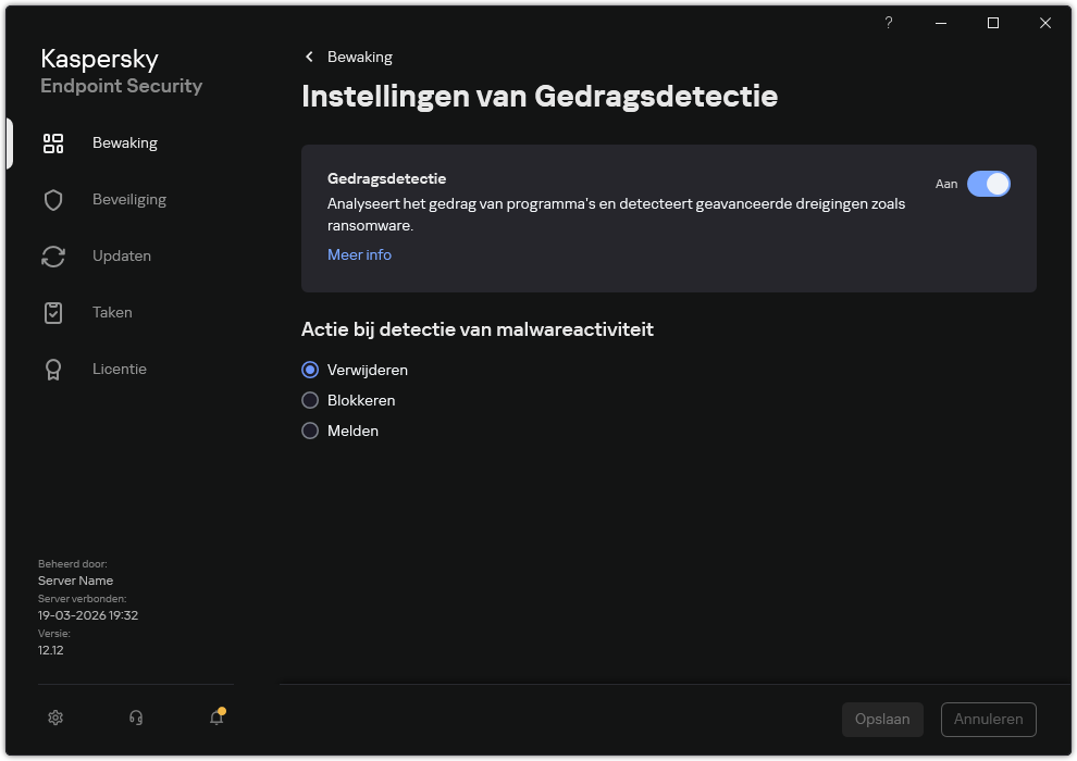 Venster Instellingen van Gedragsdetectie