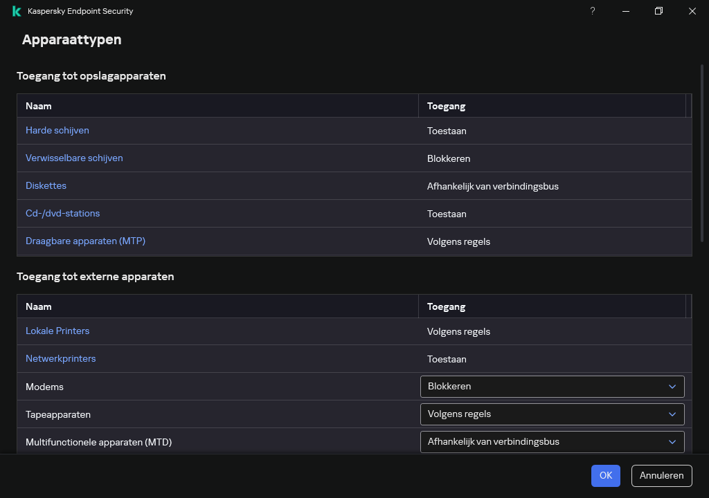 Venster voor het configureren van toegang tot apparaten. De gebruiker kan ook andere toegangsinstellingen configureren, zoals schema.